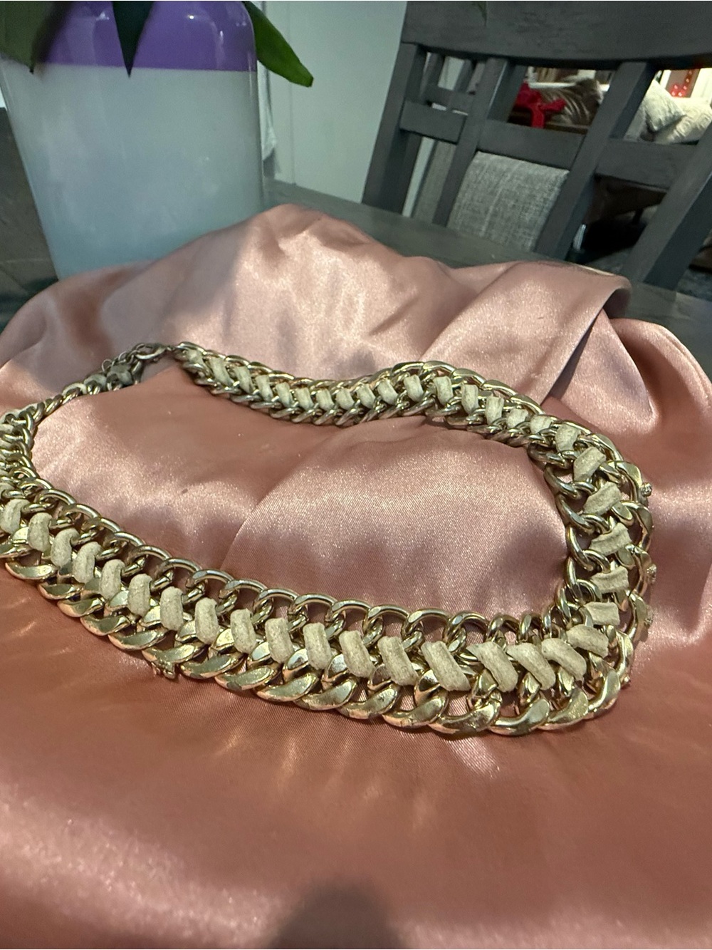 Gold Chain-Link Statement Necklace with Cream Weave